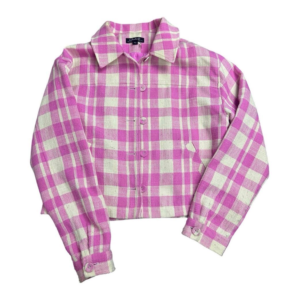 Charlie B Women’s P/S Pink Plaid Cropped Jacket Coat Button Front Preppy Shacket